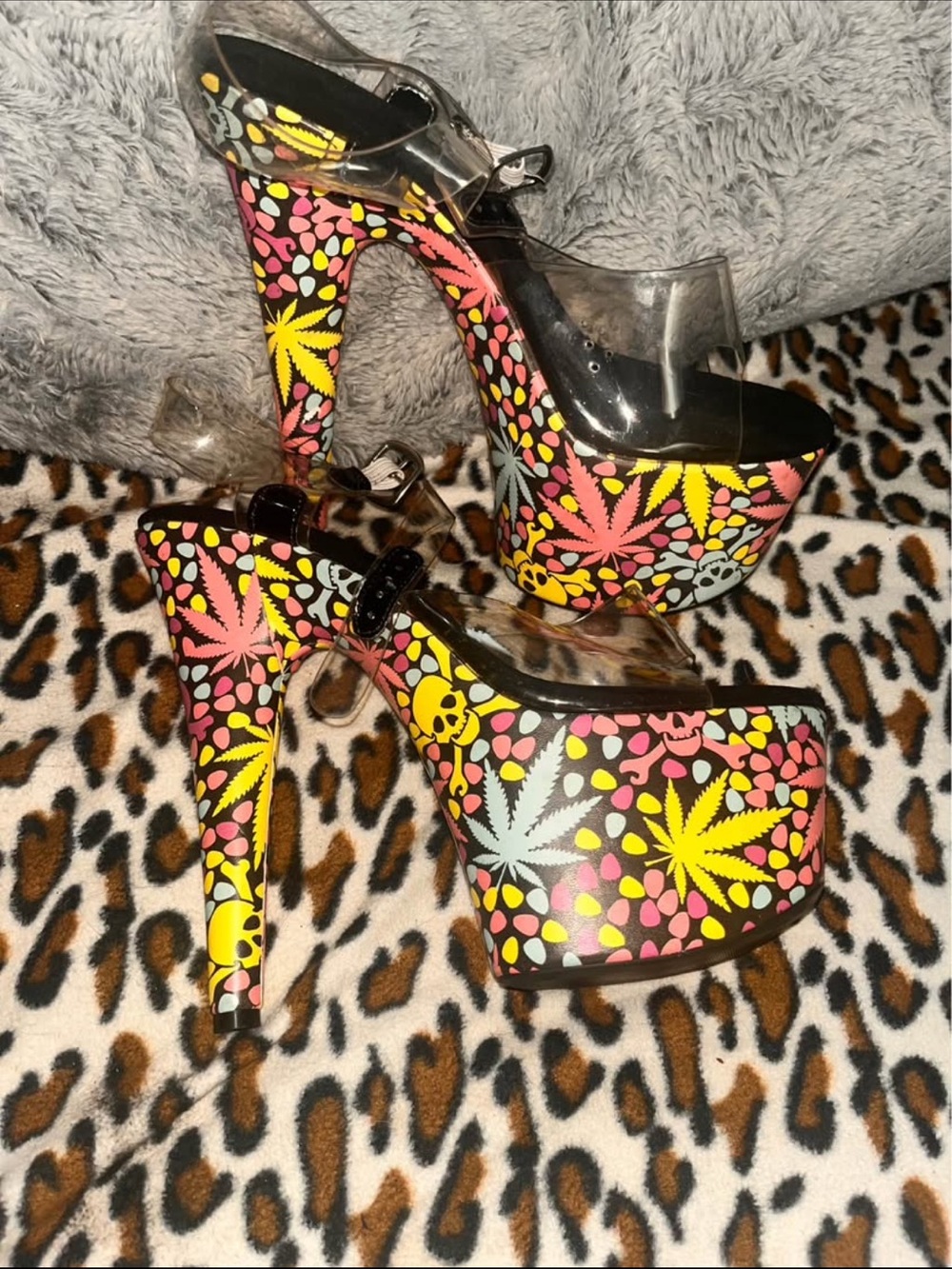 Platform Heels in Black with Neon Leaf Print glow in the dark skulls and leaf.